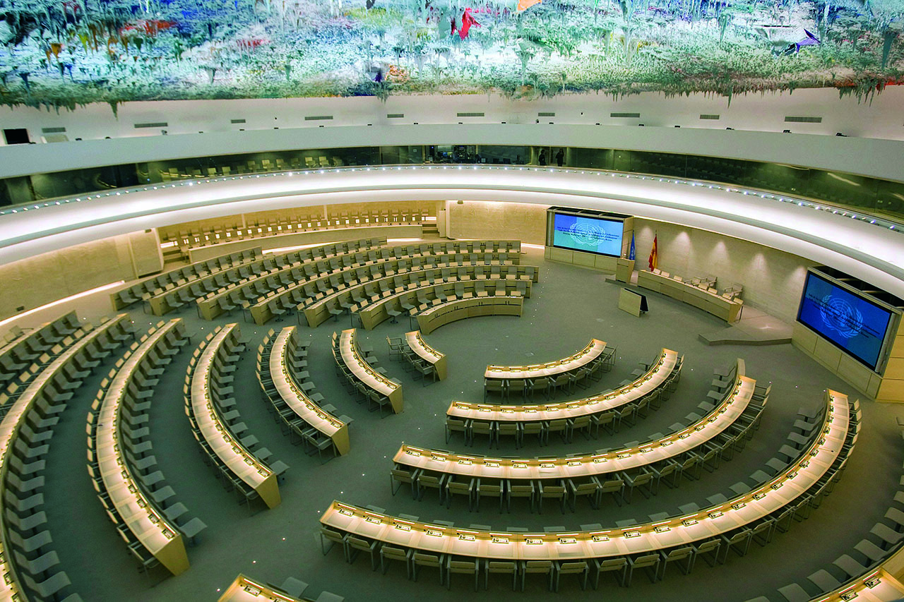 18 Nov 2008, GENF GENEVE GENEVA, $, SCHWEIZ SUISSE SWITZERLAND --- A general view of the Human Rights Room (Room XX) at the European headquarters of the United Nations in Geneva, Switzerland, 18 November 2008. Spanish artist Barcelo was commissioned to create a ceiling painting for Room XX, which will host the Human Rights Council. --- Image by © Salvatore Di Nolfi/epa/Corbis