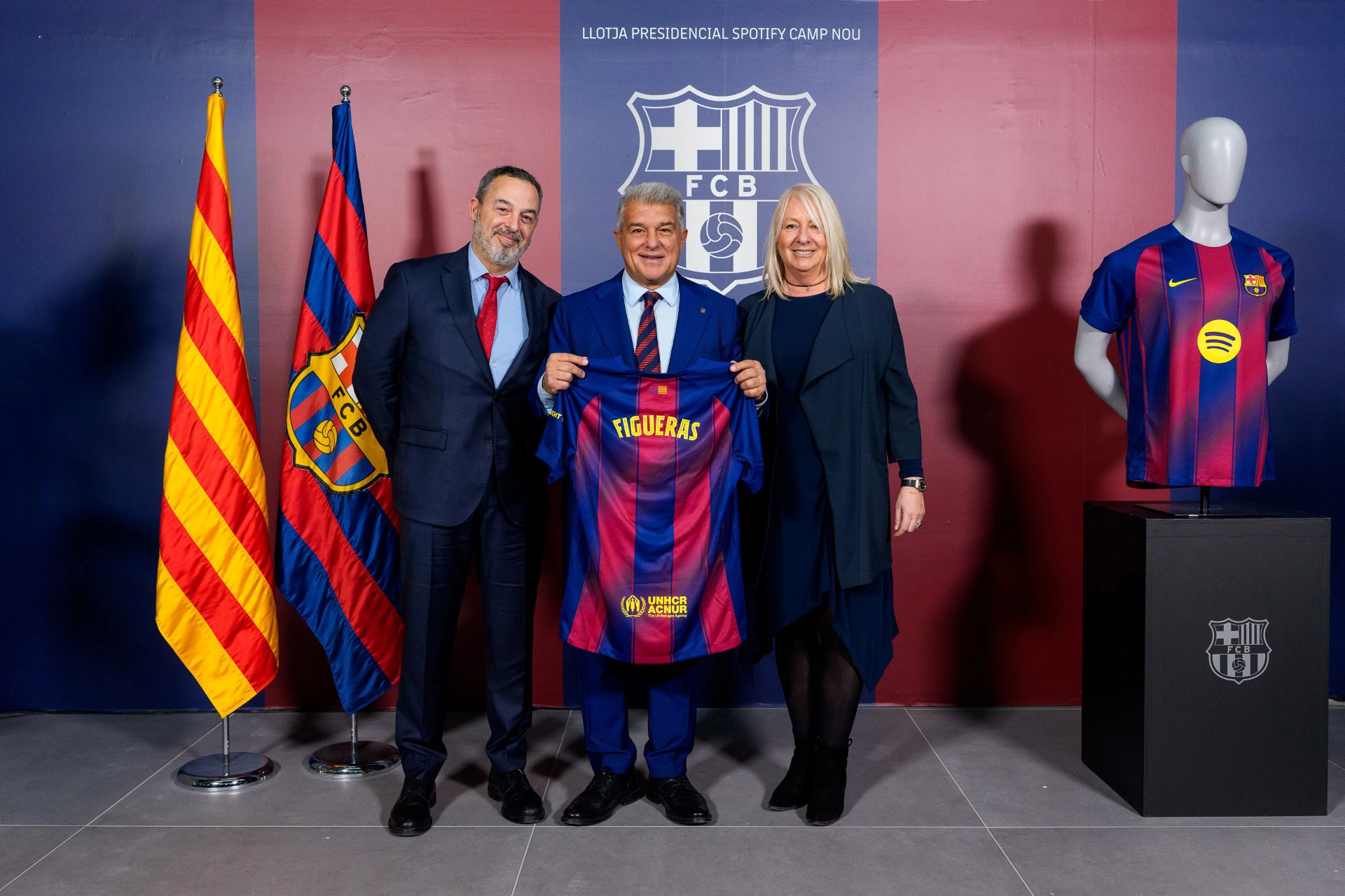 Figueras CEO and Figueras Business Development Director with Joan Laporta, FCB President